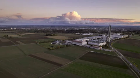 Industrial zone with silo tower in Ulm at colorful sunset in autumn time-lapse Stock Footage 185593643