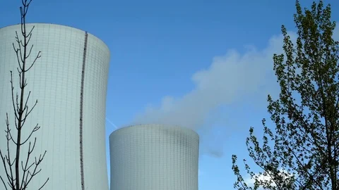 Industrical Cooling Towers Framed With Trees Stock Footage 74233293