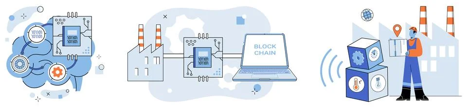 Industry 4. Autonomous systems, guided by hand technology, shape landscape Stock Illustration