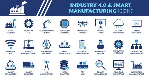 Industry 4.0 and Smart Manufacturing Icon Set. Collection of Industrial IoT.. Stock Illustration