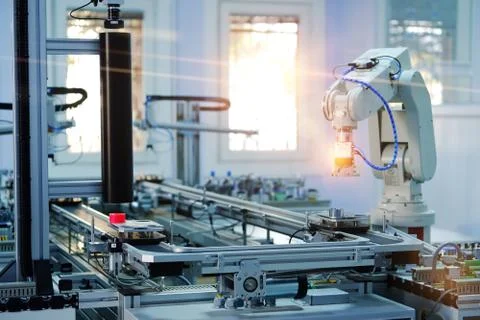 Industry 4.0 concept; artificial intelligence in smart factory prototype Stock Photos