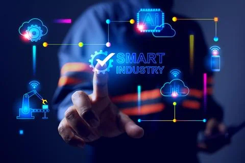 Industry 4.0 concept with engineer pointing on smart industry icon to command Fotos de archivo