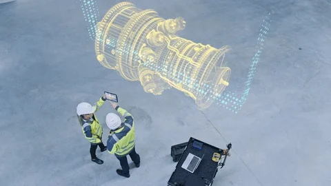 Industry 4.0 Factory: Two Engineers Uses Digital Tablet Computer with AR Soft Видео 128854865