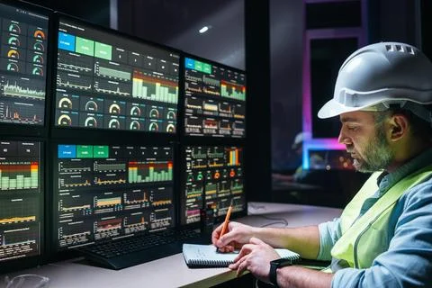 Industry 4.0. Head engineer control production line with computer screens Stock Photos