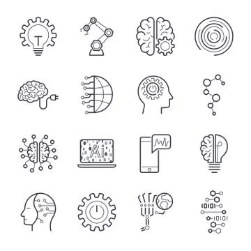 Industry 4.0, Internet of things IoT and Artificial Intelligence AI icons set. Stock Illustration
