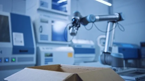 Industry 4.0 Modern Factory: Programmed robot arm Packing Metal Components Video stock 124063517