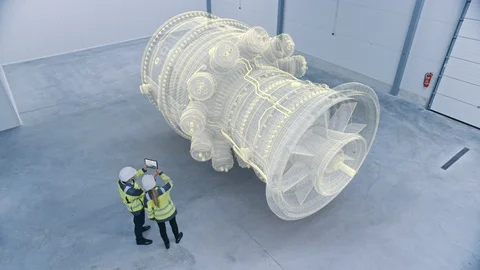 Industry 4.0: Two Engineers Standing and Talking in Factory Workshop with AR Stock Footage 128854726