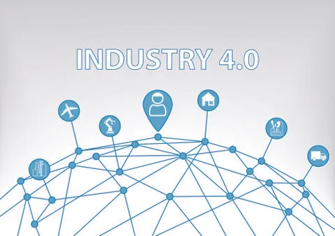 Industry 4.0 vector illustration background with world grid and consumer Stock Illustration