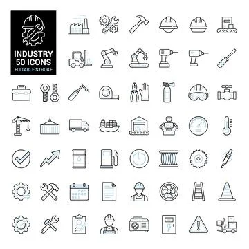 Industry 50 icons set with editable stroke, featuring construction, manufac.. Stock Illustration
