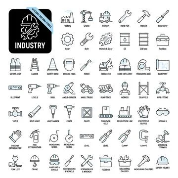Industry and construction icons set with tools, machinery, safety equipment.. Stock Illustration