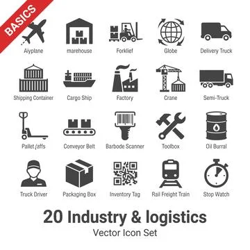 Industry and logistics vector icon set including airplane, warehouse, forkl.. Stock Illustration