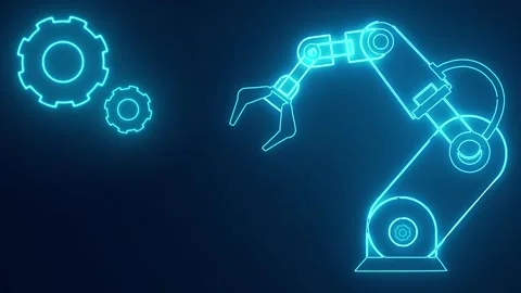Industry automation robotic arm with machine learning futuristic neon animation Video stock 240861654