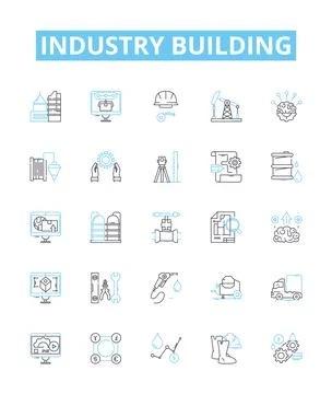 Industry building vector line icons set. Construction, Manufacturing, Investment Stock Illustration