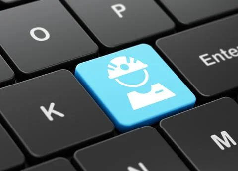 Industry concept: Factory Worker on computer keyboard background 스톡 일러스트