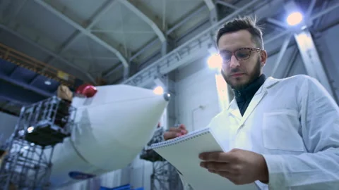 Industry Concept: Man Engineer in Modern Hangar of Space and Aviation Transport Stock Footage 145636807