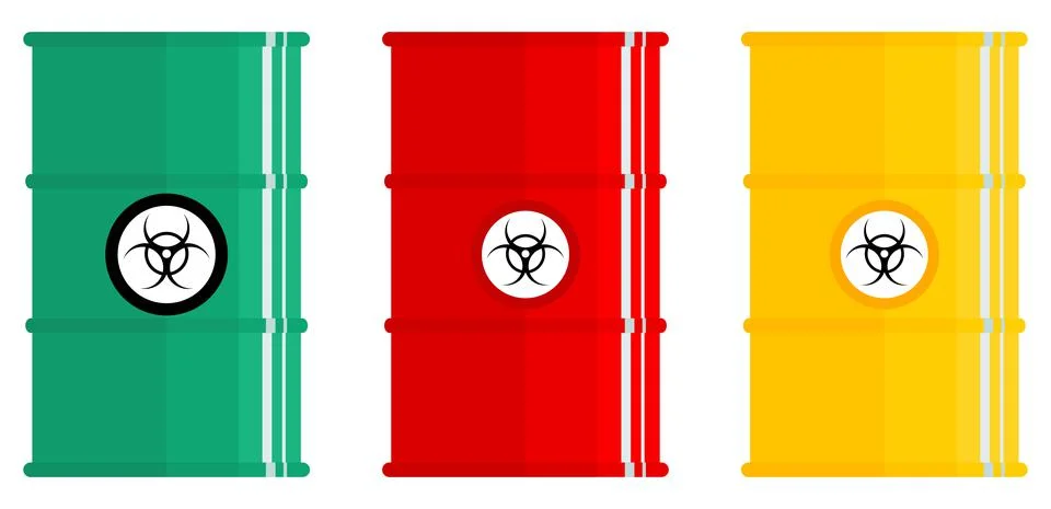 Industry concept. Set of different colored metal barrels for radioactive Stock Illustration