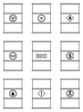 Industry concept. Set of different contour silhouettes barrel for liquids Illustrazione stock