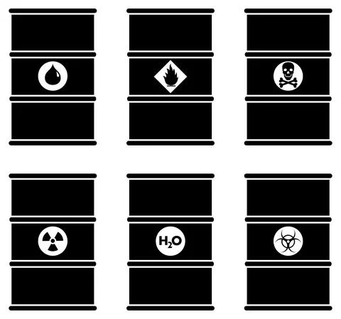 Industry concept. Set of different illustration black silhouettes barrel Stock Illustration
