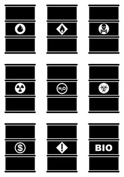 Industry concept. Set of different silhouettes barrel for liquids Stock Illustration