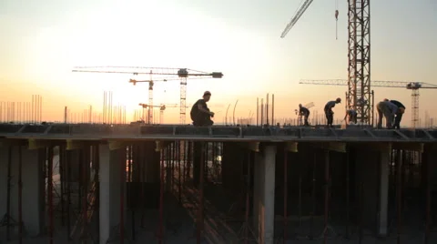 Industry construction and development. Workers building a new house.Aerial shots Stock Footage