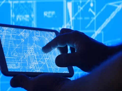 Industry development design blueprint plans on tablet computer Stock Footage