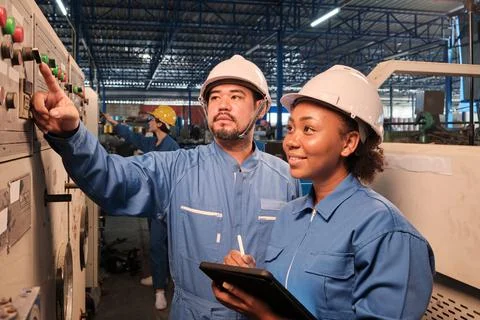 Industry engineers inspect machine control panels in manufacturing factory. Stock Photos