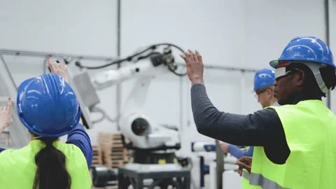 Industry engineers use augmented virtual reality glass at robotic factory Stock Footage 205393317