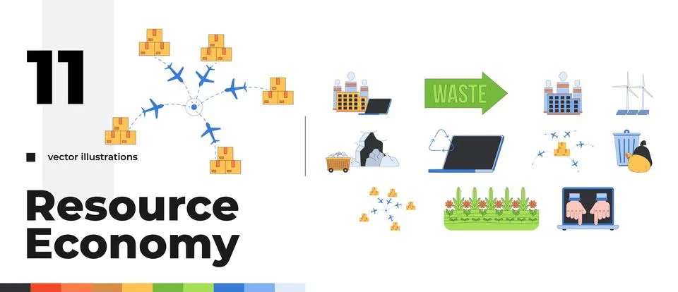 Industry, environment and resource management 2D cartoon objects set 库存插图