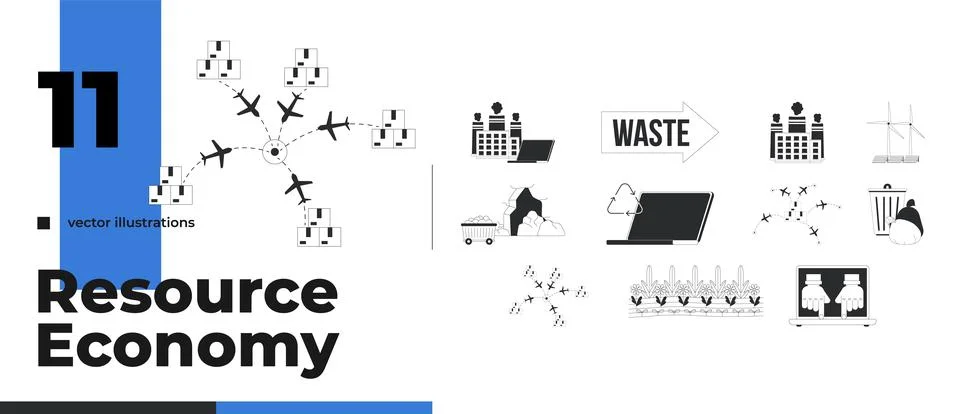 Industry, environment and resource management black and white 2D objects set 库存插图