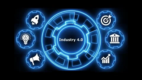 Industry four point zero digital concept glowing neon circular gear infogra.. Stockbeeldmateriaal 336558926