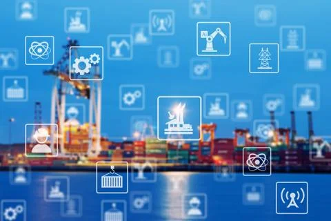 Industry icon pattern on cargo dock background. Stock Photos