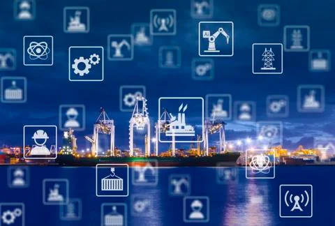 Industry icon pattern on cargo dock background. Stock Photos