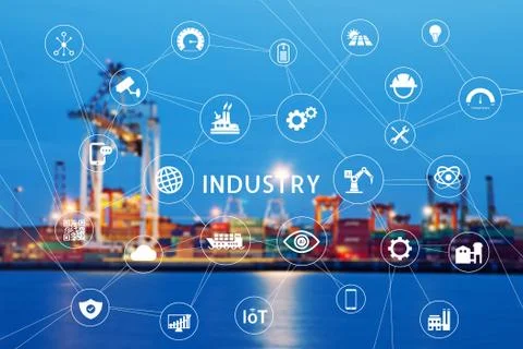 Industry icon pattern on cargo dock background. Stock Photos