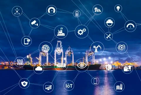 Industry icon pattern on cargo dock background. 写真素材