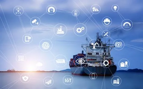 Industry icon pattern on cargo dock background. Stock Photos