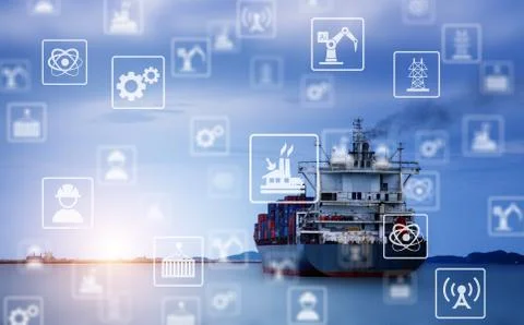 Industry icon pattern on cargo ship background. Stock Photos