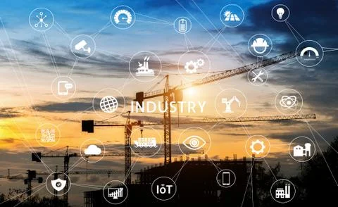 Industry icon pattern on silhouette construction site background. Stock Photos