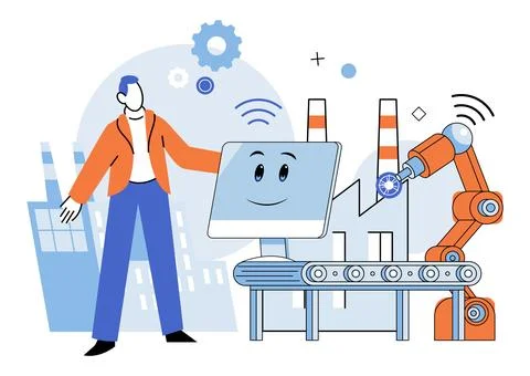 Industry iot. Autonomous systems, guided by artificial intelligence, dance in Stock Illustration