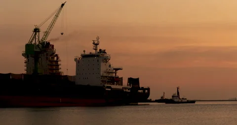 Industry landscape on sunset Engineering shipping crane depot at logistic export Stock Footage 247684951