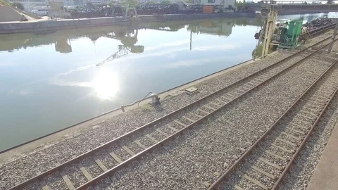 Industry river Shot with perfect reflection and typical buildings. Stock Footage 82303099