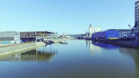 Industry river Shot with perfect reflection and typical buildings. Stock Footage 82331962