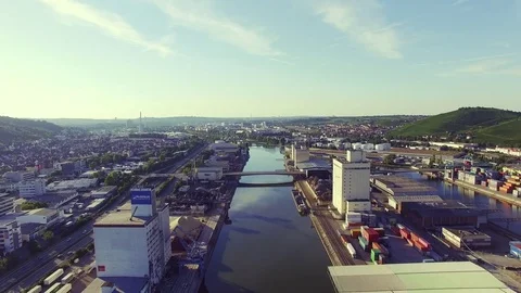 Industry river Shot with perfect reflection and typical buildings. Stock Footage 83097652