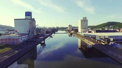Industry river Shot with perfect reflection and typical buildings. Stock Footage 83152911