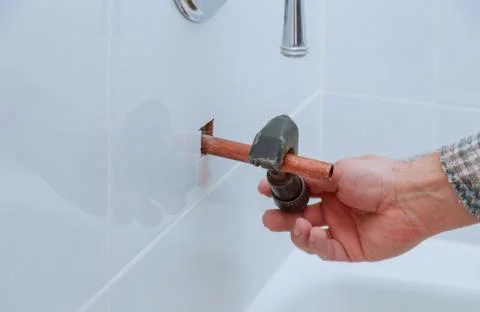 Industry system men worker cut joint with tool of copper pipe Stock Photos