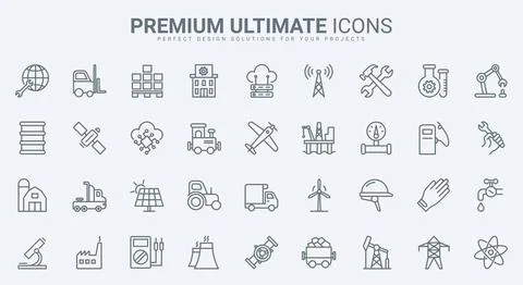 Industry thin line icons set, factory buildings and workers, gas oil energy Stock Illustration