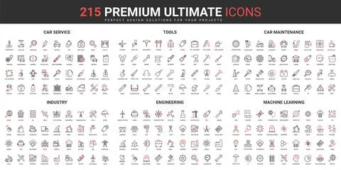 Industry thin line red black icons set, tools and equipment for engineering and 스톡 일러스트