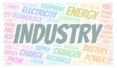 Industry typography word cloud create with the text only. Illustrazione stock