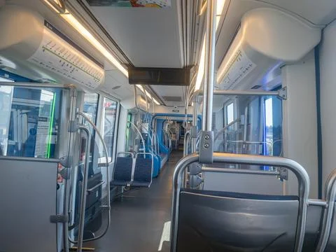 Inerior of an empty Seattle Link Light Rail passenger tarin car in Seattle,.. Stock Photos