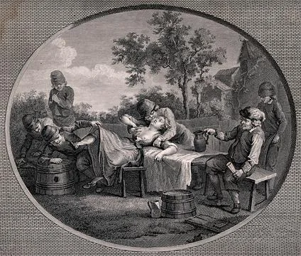 The inevitable consequences of over-indulgence: two drunk men seize a young.. Stock Illustration