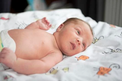 Infant in baby cot Stock-Fotos